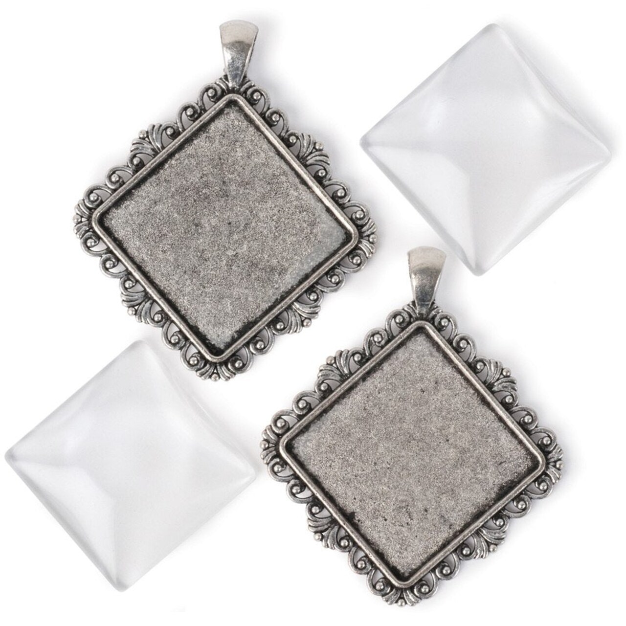 Picture Frame Pendants - Diagonal Square with Decorative Edge, Antiqued Imitation Silver, for 30mm Pictures - Set of Three